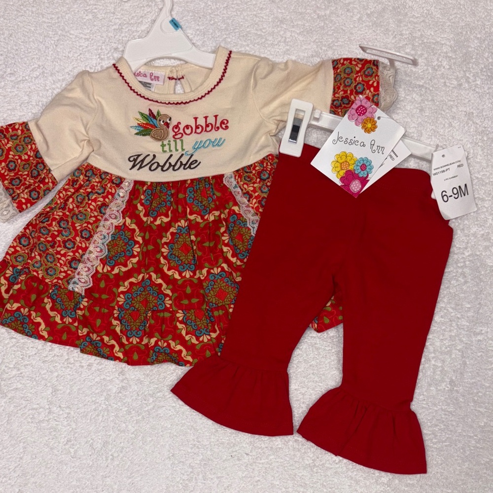 NWT Jessica Ann thanksgiving turkey dress pant set 6/9m